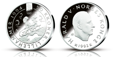 OL-sølvmynt nr. 4 Barn på kjelke - 50 kroner sølv - utgitt 1992